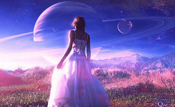 * My purple world *, dreamer, magic, girl, grass, dress, purple, planet, field, clouds, nature, sky, amazing HD wallpaper