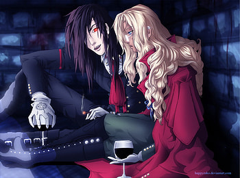Alucard and Integra, red eyes, black hair, vampire, dark, alucard, darkness, integra, anime, hellsing, dark hair HD wallpaper