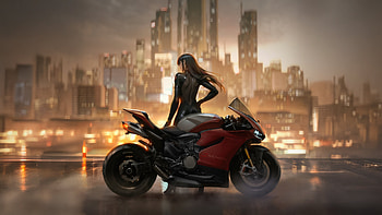Cyberpunk Huntress Overlooking The Metropolis, artist, artwork, art, digital-art, biker, city, synthwave, artstation HD wallpaper