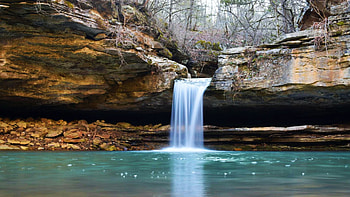 Broadwater Falls, Arkansas, river, season, leaves, fall, trees, forest, rocks, pond, usa HD wallpaper