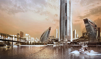 Arabian Canal, Nakheel Tower, buildings, boat, tower, sky, water HD wallpaper