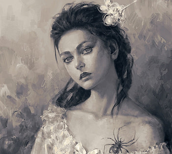 The spider, zhongweidong, art, fantasy, asian, portrait, bw, spider, girl, brooch HD wallpaper