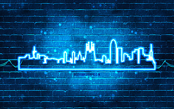 Barcelona blue neon silhouette, , blue neon lights, Barcelona skyline silhouette, blue brickwall, spanish cities, neon skyline silhouettes, Spain, Barcelona silhouette, Barcelona HD wallpaper