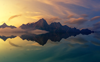 Mountains, reflections, sunset HD wallpaper