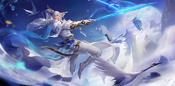 Fantasy man, blue, white, runze, sword, run ze, man, crane, pasari, fantasy HD wallpaper