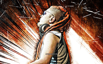 YOJI, grunge art, japanese DJs, Yoji Biomehanika, Mutant DJ, Ozaka Oz, Bionico, music stars, orange abstract rays, japanese celebrity, YOJI , Biomehanika HD wallpaper