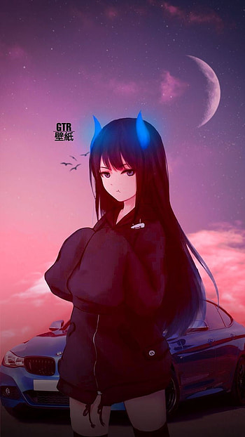 Cute anime girl, red, cars, moon, pink HD phone wallpaper