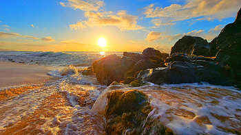 Bonsai Beach, Oahu, Hawaii, sea, clouds, sky, sun, rocks, sunset, usa HD wallpaper
