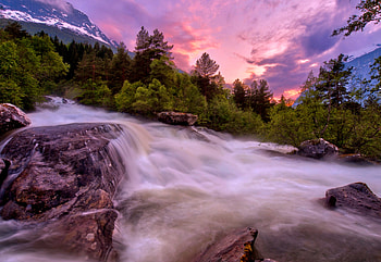 Mountain Waterfall, Nature, Waterfall, Sky, Mountain HD wallpaper