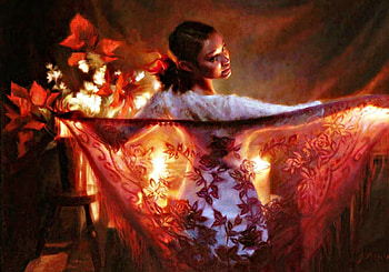 Dancing under the candles light, dancer, art, girl, woman, painting, candle, light, red, scarf HD wallpaper