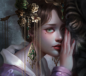 Girl, frumusete, kimono, asian, art, dreamingfire rotheus, gorgeous, dreamingfire, rotheus, hand, jewel, superb, fantasy, face, luminos HD wallpaper