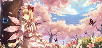 Valley of Butterflies, sweet, cute, girl, beauty, woman, butterflies, pink, anime, butterfly, valley, flowers, sky, forest HD wallpaper