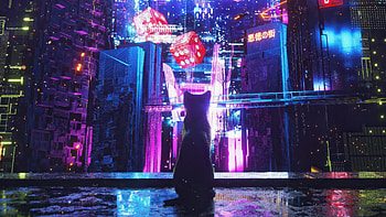 Cat In Glowing Urban Wonderland, cat, scifi, artist, artwork, digital-art, artstation HD wallpaper