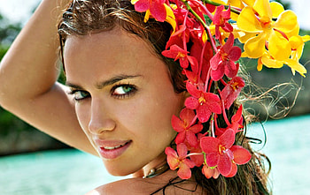 Irina Shayk, profile, model, girl, woman, flower, yellow, red, face HD wallpaper