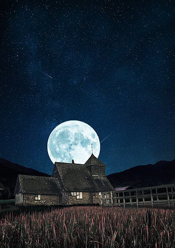 Night, Moon, Building, Miscellanea, Miscellaneous, Starry Sky, Full Moon HD phone wallpaper