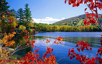 Lakeside View, blue, colors, daylight, day, reflection, limbs, shine, trees, autumn, water, architecture, house, lake, mountain, leaves, green, red, clouds, nature, sky, forest HD wallpaper