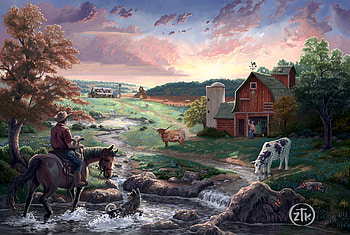 Deep in the Heart, dog, barn, horse, man, house, meadow, artwork, cows, painting HD wallpaper