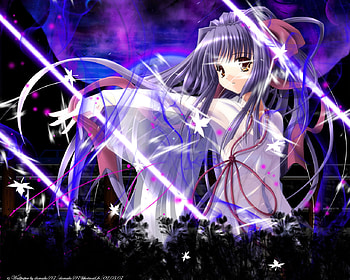 A magic night, purple hair, cute, leave, long hair, dress, abstract, female, sexy, ribbon, hot, girl, brown eye, ray, anime girl, anime, light, leaf HD wallpaper