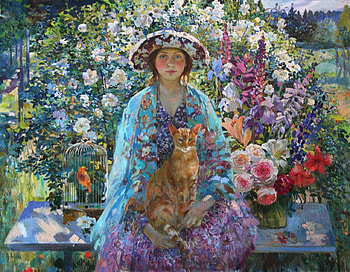 Woman with cat, blue, girl, cat, olga suvorova, woman, pisica, summer, painting, pictura, flower, hat HD wallpaper