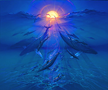 Sunset blue, blue, ripples, clouds, sky, whales, sunset, ocean HD wallpaper