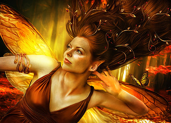 Tell me all, fairy, wings, fantasy, lulebel, redhead, girl, luminos, orange HD wallpaper