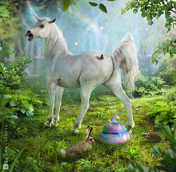 Unicorn's surprise, l saveljeva, bunny, rainbow, fantasy, green, unicorn, funny, rabbit HD wallpaper