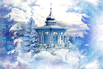 Frozen paradise, abstract, fantasy, clouds, trees, castle, lovely HD wallpaper
