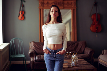 White top, beautiful woman, model, brunette HD wallpaper