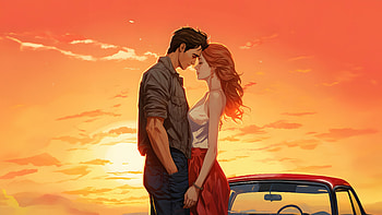 A Car Ride Through The Countryside Of Love, love, couple, sunset, artist, artwork, digital-art HD wallpaper