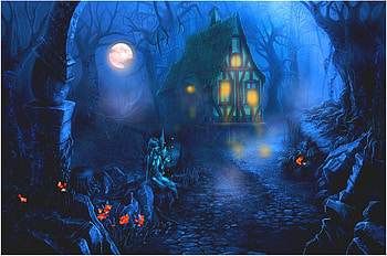 Noche en el bosque, noche, vista, luna, fantasia, bosque HD wallpaper