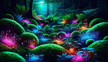 Enchanting Moss Garden, moss garden, forest, mushroom, neon, fantasy HD wallpaper