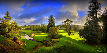 First Light, hills, peaceful, beautiful, sunrise, park, bridge, clouds, trees, pond HD wallpaper