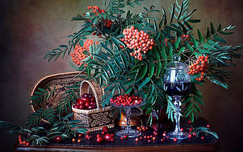 Berry Wine, baskets, wine, rowan, still life, berries, glass HD wallpaper