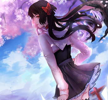 Cherry Blossom, blue, cute, long hair, dress, beauty, lady, cherry tree, female, sweet, art, ribbon, girl, beautiful, black hair, woman, tie, anime girl, anime, pretty, clouds, sky, flowers, lovely HD wallpaper