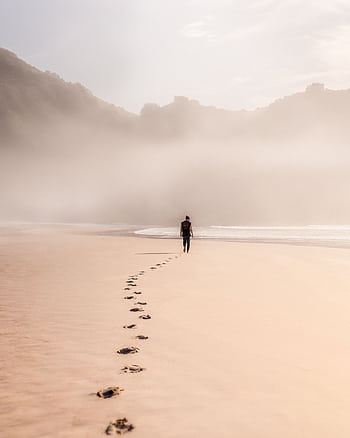 Serene beach scene with a lone figure walking through mist along the shoreline. HD phone wallpaper