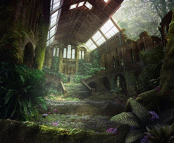 FALLEN BEAUTY, plants, doors, garden, church, greenhouse, old, light, ruins, water HD wallpaper