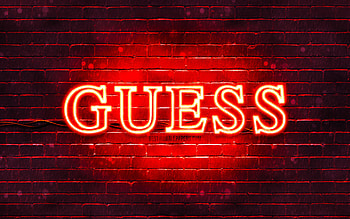 Guess red logo, , red brickwall, Guess logo, brands, Guess neon logo, Guess HD wallpaper
