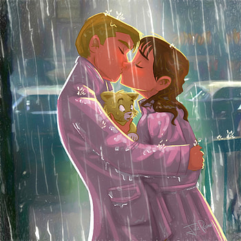 Art, Rain, Love, Kitty, Kitten, Couple, Pair, Kiss HD phone wallpaper