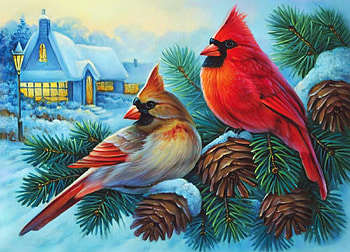 Winter Cardinals, snow, branch, birds, painting, pair, einter, cottage HD wallpaper