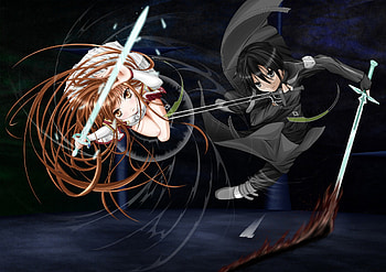 Kirito ~ Asuna, sword art online, couple, warrior, female, handsome, sexy, sword, hot, girl, asuna yuuki, yuuki, anime girl, sao, anime, guy, kirito, lover, black, cute, fight, knight, yuuki asuna, mad, rapier, male, asuna, dark, armor, blade, beater, boy, love, weapon, angry HD wallpaper