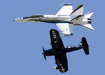 Hornet and Corsair at Play, military, force, bomber, firepower, jet, aircraft, wing, air, plane, fighter, missile HD wallpaper