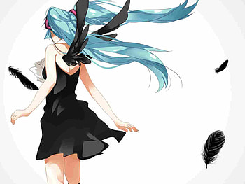 Hatsune Miku, blue, black, awesome, feathers, cute, angel, vocaloid, dress, beauty, nice, miku, vocaloids, hatsune, thighhighs, wings, white, twintail, blue hair, beautiful, anime, pretty, cool HD wallpaper