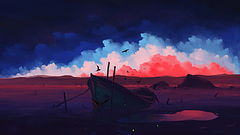 Abandoned boat, dried lake, landscape, fantasy art HD wallpaper