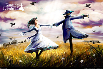 Dancing together, scarecrow, girl, bird, field HD wallpaper
