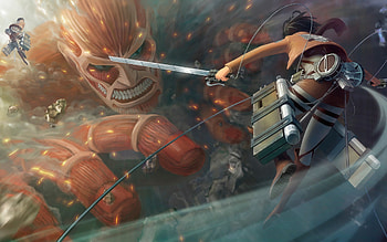 Mikasa Ackerman, sword, art, shingeki no kyojin, anime girl, anime, monsters, cool, short hair, brown hair, warrior, female HD wallpaper