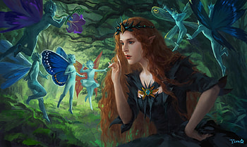 Fairy queen, blue, art, ge ying, girl, fairy, fantasy, green, luminos, queen HD wallpaper
