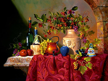 Tavola di Capri, colorful, tavola, vegetables, nice, delicate, autumn, Capri, berries, vase, beautiful, fruits, arrangement, bottle, still life, pretty, grape, flowers, lovely, wine HD wallpaper