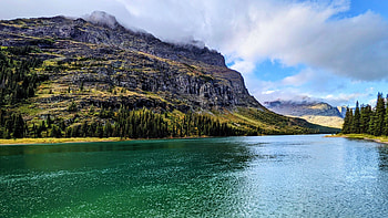Green Glacier Waters, Glacier National Park, Montana, sky, water, cliff, usa, clouds HD wallpaper