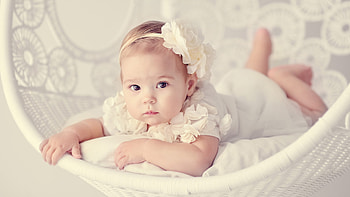 Cute Chubby Little Girl Is Lying Down On White Swing Wearing White Dress Cute HD wallpaper