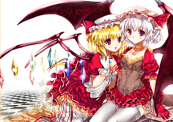 Sister Scarlet, cute, red eyes, red glove, dress, sitting, thighhighs, blonde hair, female, pointy ears, bat wings, sexy, sweet, two girls, hot, gloves, ice wings, fang, anime girl, remilia scarlet, white hair, cool, touhou, headdress, hair bow, flandre scarlet HD wallpaper